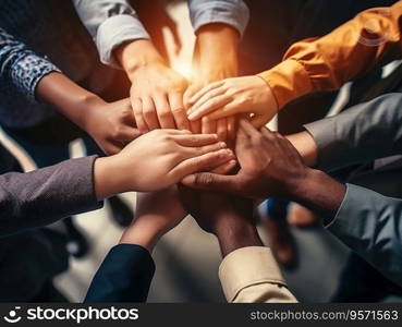 Diverse business people group put hands together in stack pile at training as concept of sales team corporate unity connection, teambuilding loyalty, support in teamwork, coaching, close up top view.