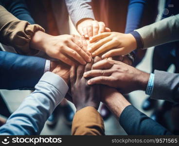 Diverse business people group put hands together in stack pile at training as concept of sales team corporate unity connection, teambuilding loyalty, support in teamwork, coaching, close up top view.