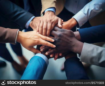 Diverse business people group put hands together in stack pile at training as concept of sales team corporate unity connection, teambuilding loyalty, support in teamwork, coaching, close up top view.