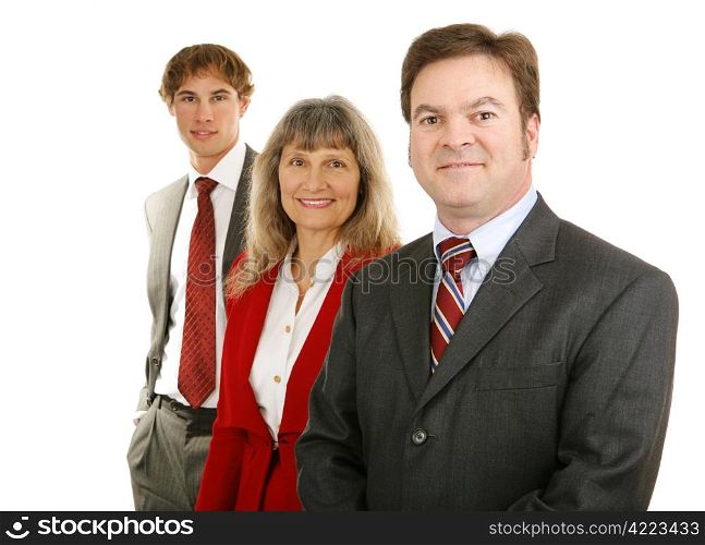 Diverse business team with mature male leader. Isolated on white.
