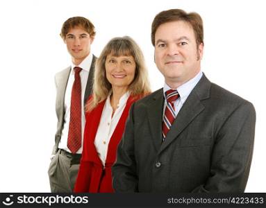 Diverse business team with mature male leader. Isolated on white.