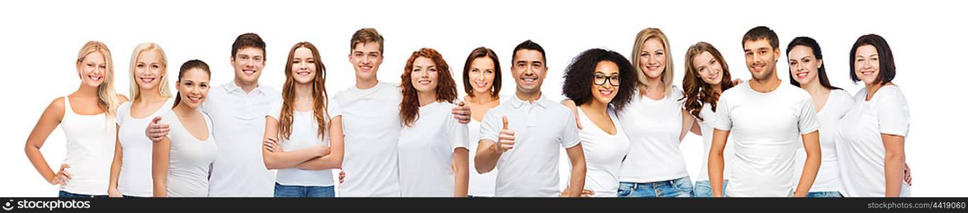 diverse, gesture and people concept - group of happy different body size and age and gender people in white t-shirts hugging showing thumbs up