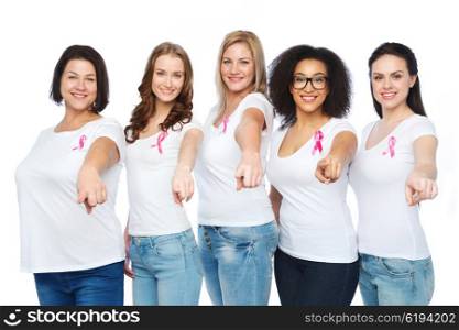 diverse, healthcare and people concept - group of happy different size women in white t-shirts with pink breast cancer awareness ribbon
