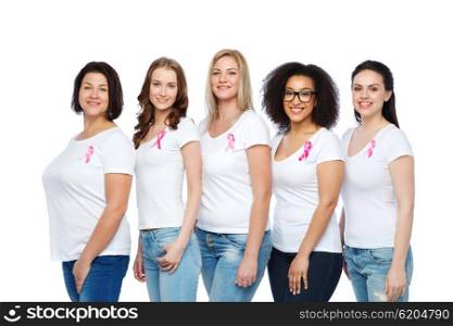 diverse, healthcare and people concept - group of happy different size women in white t-shirts with pink breast cancer awareness ribbon