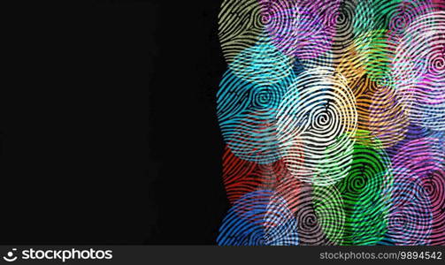 Diverse identity and privacy concept or personal private data symbol as finger prints or fingerprint icons and diversity census population in a 3D illustration style.