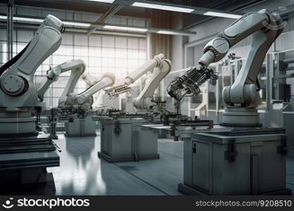 diverse range of robotic arms assembling a variety of different products on the assembly line, created with generative ai. diverse range of robotic arms assembling a variety of different products on the assembly line