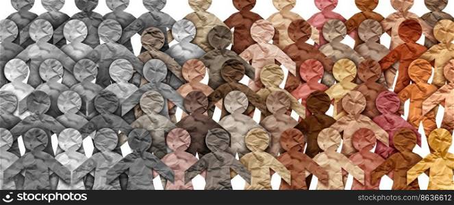 Diversification of society and demographic change or changing demography as a large group of grey people changing into a diverse group representing diversity in a population.