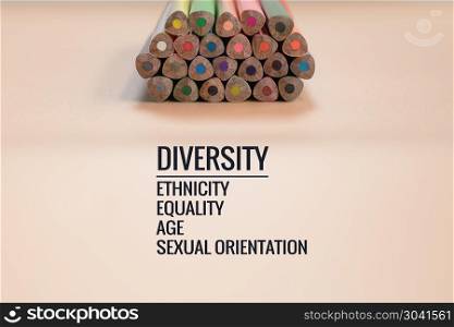 Diversity concept. row of mix color pencil on black background w. Diversity concept. row of mix color pencil on black background with text Diversity, Ethnicity, Equality, Age, Sexual Orientation