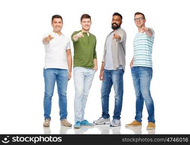 diversity, friendship, ethnicity, choice and people concept - international group of happy smiling men pointing finger to you over white