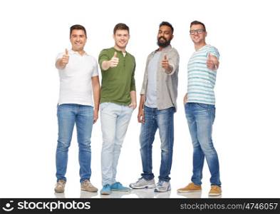 diversity, friendship, ethnicity, gesture and people concept - international group of happy smiling men showing thumbs up over white