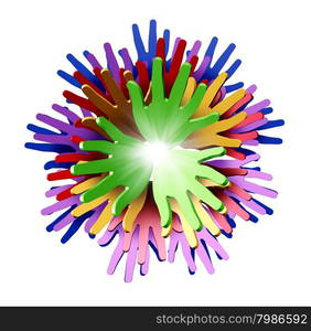 Diversity hands support concept as a group of three dimensional fingers from diverse ethnic backgrounds coming together to form a flower shape as a metaphor for community cooperation success on white.