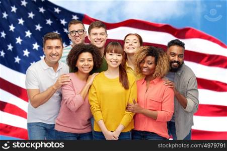 diversity, immigration, friendship and people concept - international group of happy smiling men and women over american flag background. international group of happy smiling people