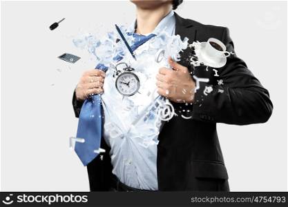 Diversity in business. Businessman acting like superhero tearing shirt on chest