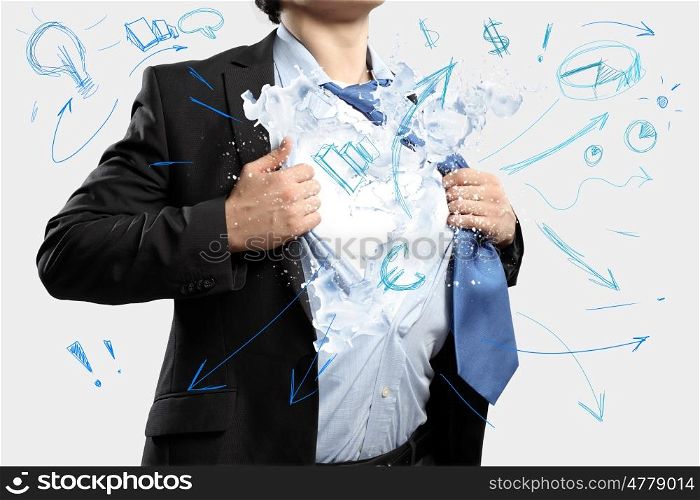 Diversity in business. Businessman acting like superhero tearing shirt on chest