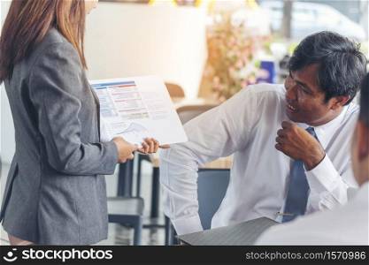 Diversity multiethnic team group of business people meeting in conference room brainstorming with business graph, chart, data info. Teamwork collaborate business team meeting together trust partners