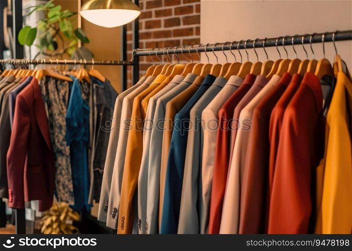 Diversity of formal clothes hanging in modern retail shop. Generative AI