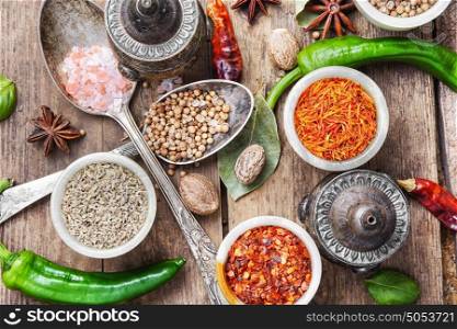 diversity of oriental spices. Range sharp Indian spices and food seasonings