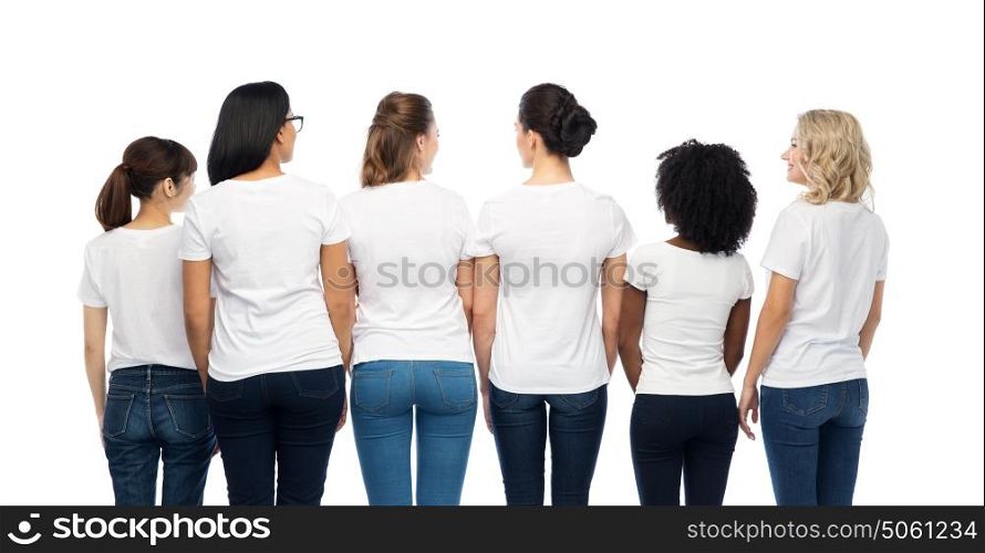 diversity, race, ethnicity and people concept - international group of different women in white blank t-shirts from back. international group of women from back
