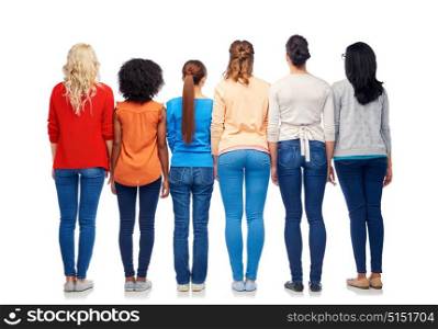 diversity, race, ethnicity and people concept - international group of happy different women hugging over white from back. international group of women hugging from back