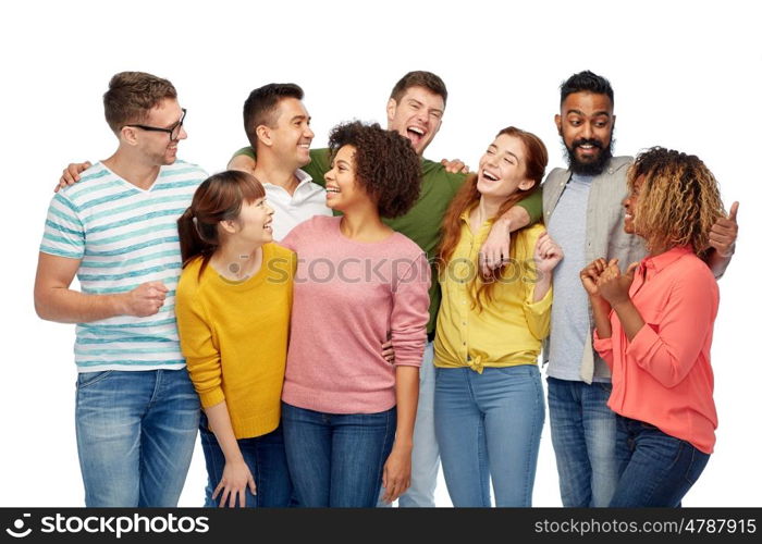 diversity, race, ethnicity and people concept - international group of happy men and women laughing over white