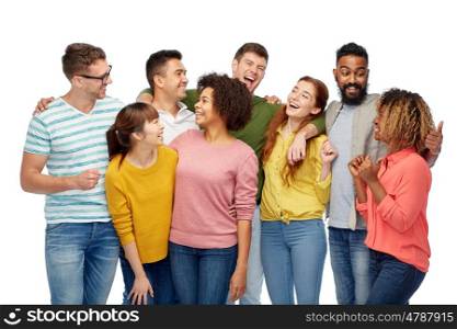 diversity, race, ethnicity and people concept - international group of happy men and women laughing over white