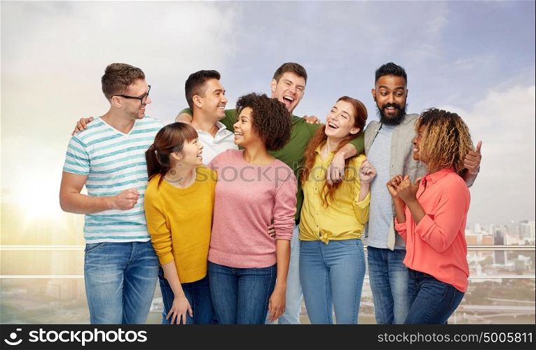 diversity, race, ethnicity and people concept - international group of happy men and women laughing over singapore city background. international group of happy laughing people