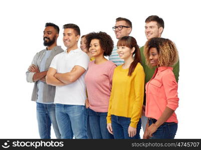 diversity, race, ethnicity and people concept - international group of happy smiling men and women over white