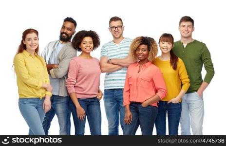 diversity, race, ethnicity and people concept - international group of happy smiling men and women over white