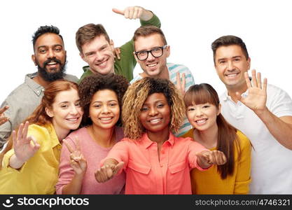 diversity, race, ethnicity and people concept - international group of happy smiling men and women showing thumbs up over white