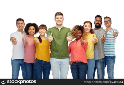 diversity, race, ethnicity and people concept - international group of happy smiling men and women showing thumbs up over white