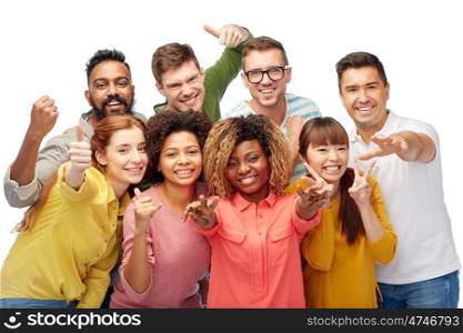 diversity, race, ethnicity and people concept - international group of happy smiling men and women showing thumbs up and peace over white
