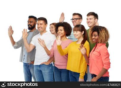 diversity, race, ethnicity and people concept - international group of happy smiling men and women waving hand over white