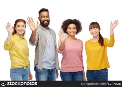 diversity, race, ethnicity and people concept - international group of happy smiling men and women waving hands over white