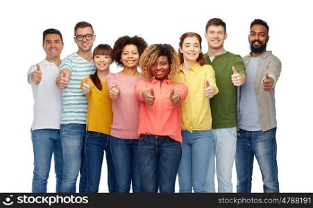 diversity, race, ethnicity and people concept - international group of happy smiling men and women showing thumbs up over white. international group of people showing thumbs up