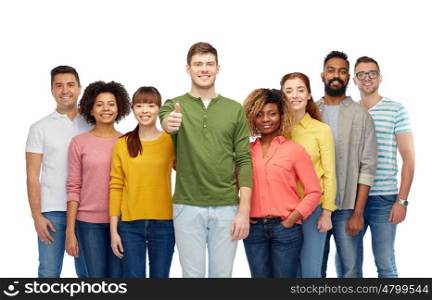 diversity, race, ethnicity and people concept - international group of happy smiling men and women showing thumbs up over white