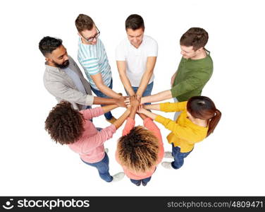 diversity, race, ethnicity and people concept - international group of happy smiling men and women holding hands together over white