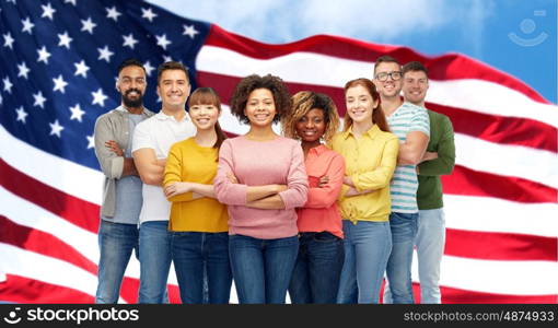 diversity, race, ethnicity and people concept - international group of happy smiling men and women over american flag background