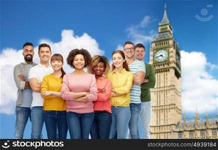 diversity, race, ethnicity and people concept - international group of happy smiling men and women over london city and big ben tower background. international group of happy people over big ben