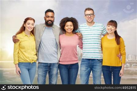 diversity, race, ethnicity and people concept - international group of happy smiling men and women over singapore city background. international group of happy smiling people