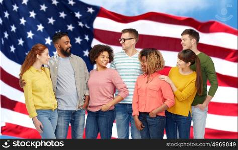diversity, race, ethnicity and people concept - international group of happy smiling men and women over american flag background. international group of people over american flag