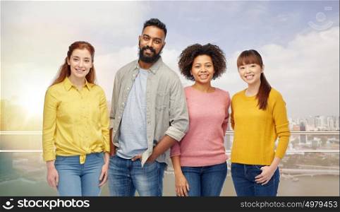 diversity, race, ethnicity and people concept - international group of happy smiling men and women over singapore city background. international group of happy smiling people
