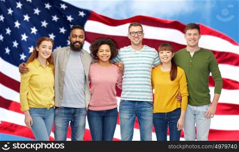 diversity, race, ethnicity and people concept - international group of happy smiling men and women over american flag background. international group of happy smiling people