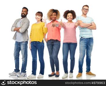 diversity, race, ethnicity and people concept - international group of happy smiling men and women over white background. international group of happy smiling people