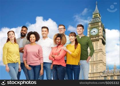 diversity, race, ethnicity and people concept - international group of happy smiling men and women over london city and big ben tower background. international group of happy people over big ben