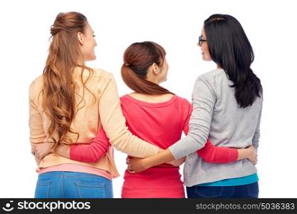 diversity, race, ethnicity and people concept - international group of happy smiling different women hugging over white from back. international group of happy women from back