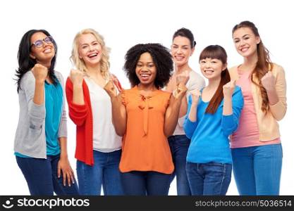 diversity, race, ethnicity and people concept - international group of happy smiling different women celebrating success over white. international group of happy smiling women