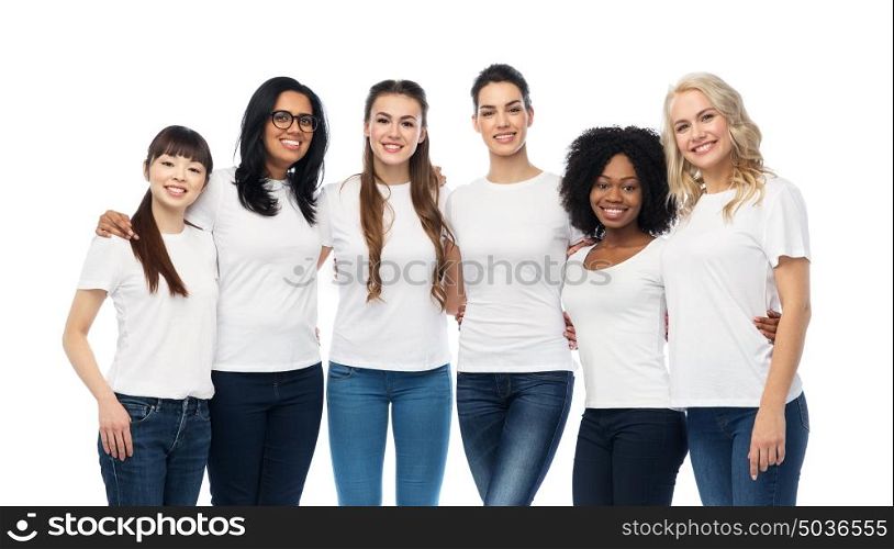 diversity, race, ethnicity and people concept - international group of happy smiling different women in white blank t-shirts hugging. international group of happy women hugging