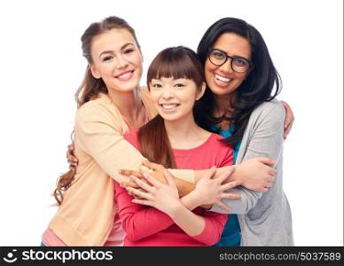diversity, race, ethnicity and people concept - international group of happy smiling different women over white hugging. international group of happy women hugging