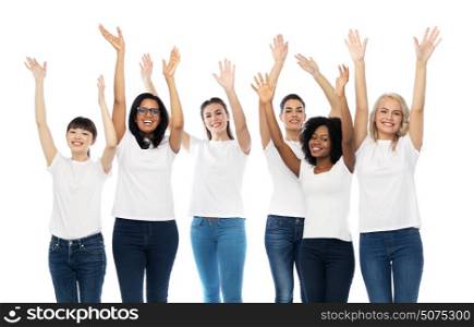 diversity, race, ethnicity and people concept - international group of happy smiling different women in white blank t-shirts having fun. international group of happy smiling women