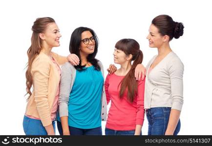 diversity, race, ethnicity and people concept - international group of happy smiling different women over white talking. international group of happy smiling women talking